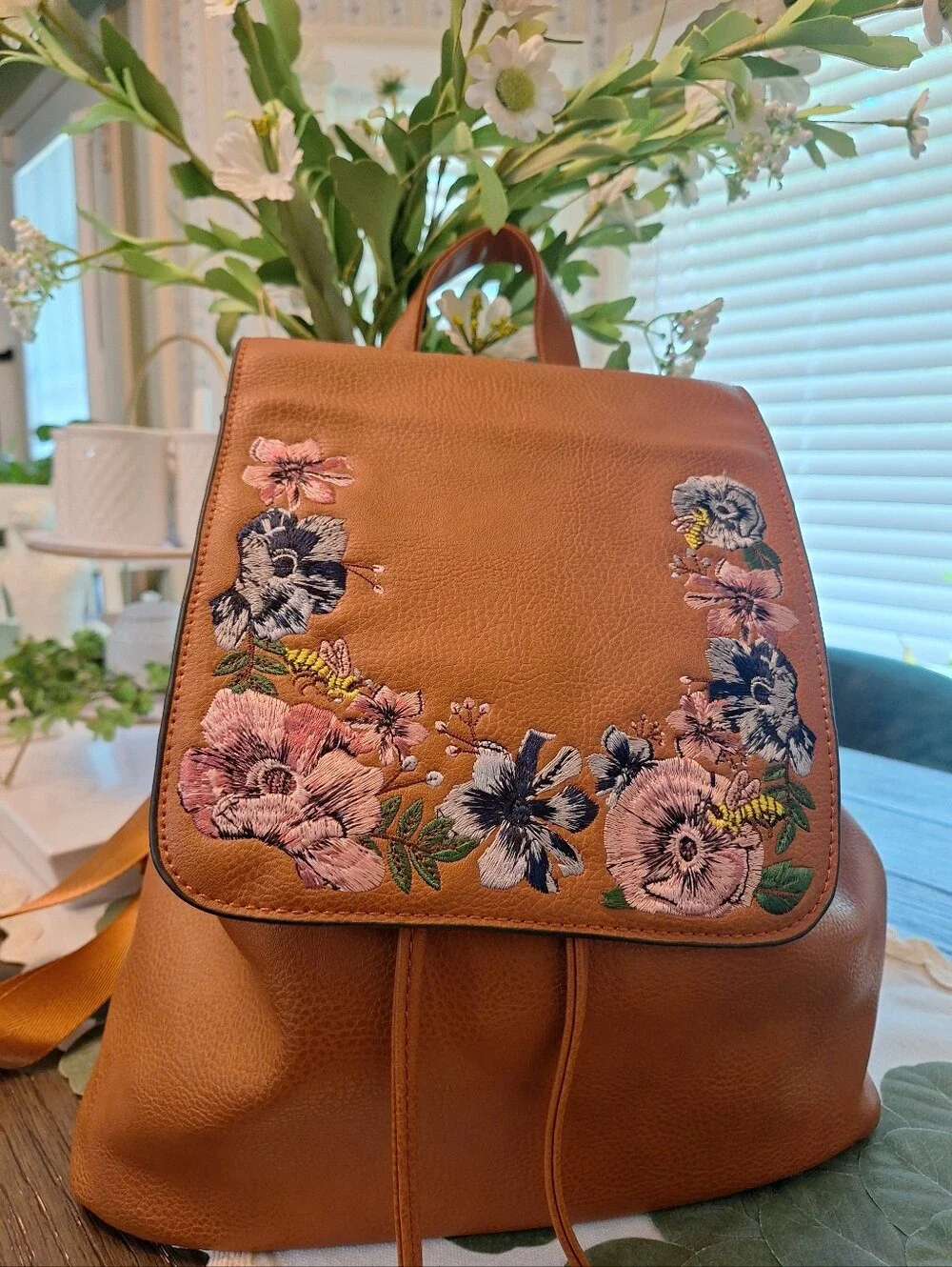 Source Unknown Tan Backpack with Pink & Navy Floral Embroidery